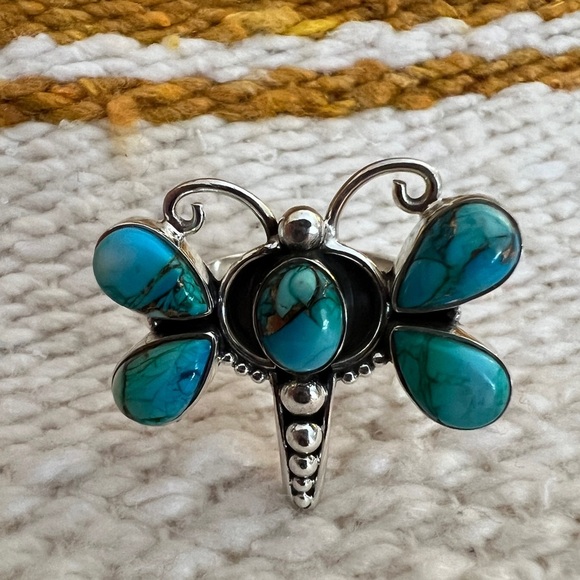 ❤️ Kingman Dahlia Turquoise Sterling 925 Butterfly Dragonfly Ring Navajo Sz 6.75 - Picture 4 of 17